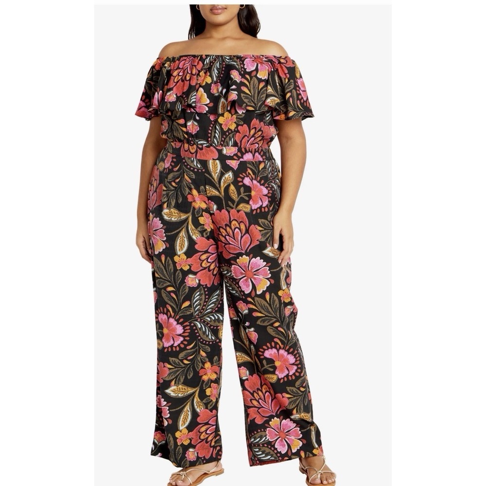 City Chic Floral Print Off The Shoulder Jumpsuit - Sz XL Tropical Boho